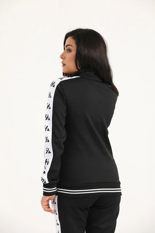 Back view of a women’s black classic zip-up jacket with contrast sleeve detailing