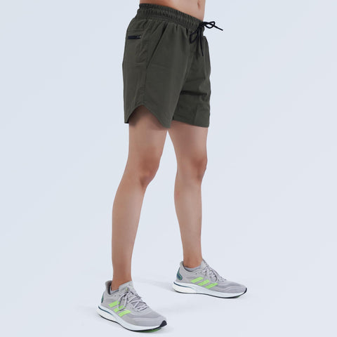Side view of Hilton Aesthetics Performance Shorts in dim grey featuring lightweight stretch fabric and athletic fit.