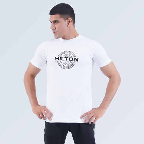 Hilton Aesthetics Power T-Shirt with crew neckline, 92% cotton 8% spandex fabric and HA LIFTING chest logo for gym and everyday wear