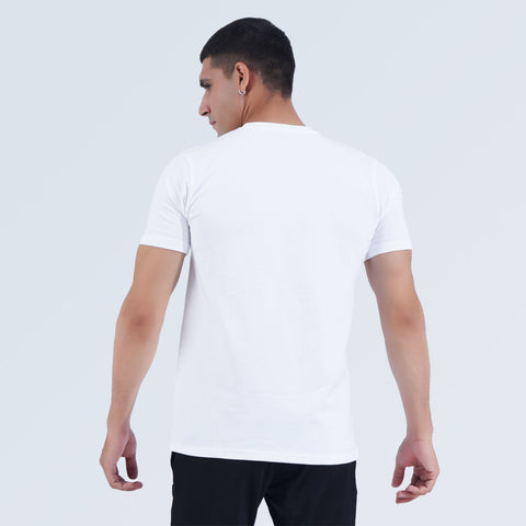 Back view of men's white Hilton Aesthetics Power T-Shirt with crew neck and cotton stretch fabric for gym wear