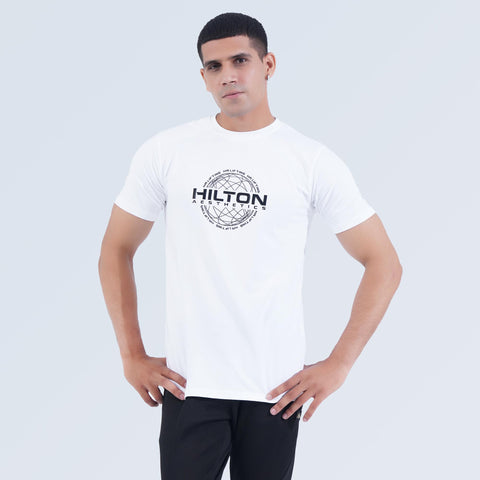 Men's white Hilton Aesthetics Power T-Shirt with HA LIFTING chest logo, angled front view, cotton stretch workout tee