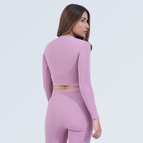 Back view of Signature Rib Crop Top in plum with ribbed stretch fabric by Hilton Aesthetics