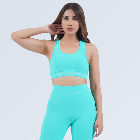 Hilton Aesthetics Impact Sports Bra in Aqua with matching leggings, front view