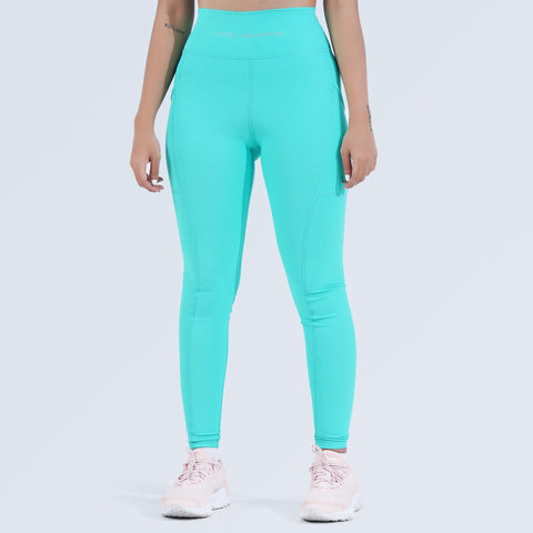 Aqua high-waist pocket leggings with side pockets, full-length front view