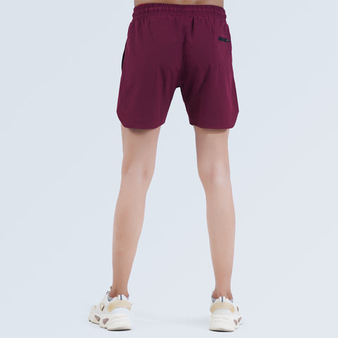 Back view of Hilton Aesthetics Ultimate Performance Shorts in burgundy with athletic fit