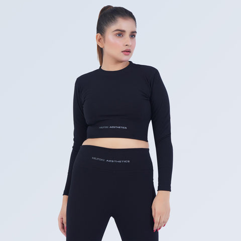 Women's Black Rib Crop Top with Stretch Fit by Hilton Aesthetics for Gym & Activewear
