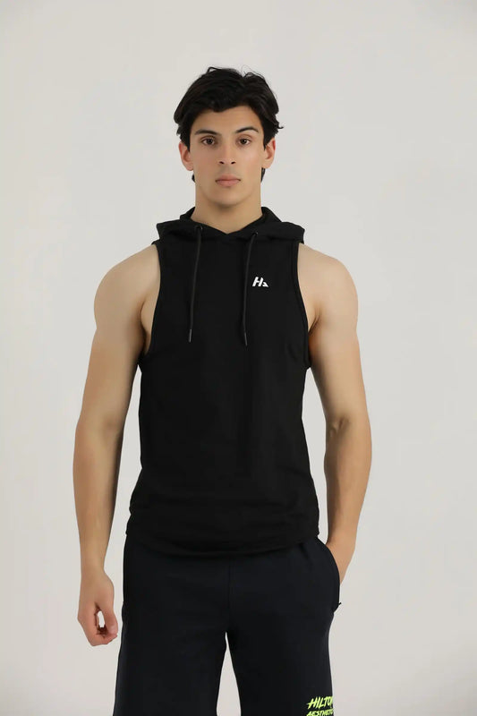 Hilton Aesthetics Muscle Sleeveless Hoodie front view in black with athletic fit and lightweight gym fabric