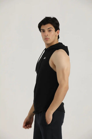Hilton Aesthetics Muscle Sleeveless Hoodie side view in black showing sleeveless cut and athletic fit