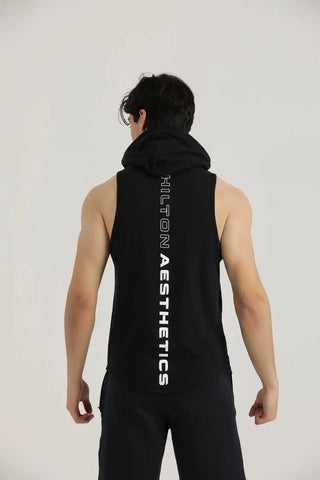 Hilton Aesthetics Muscle Sleeveless Hoodie back view in black with lightweight fabric and gym training fit
