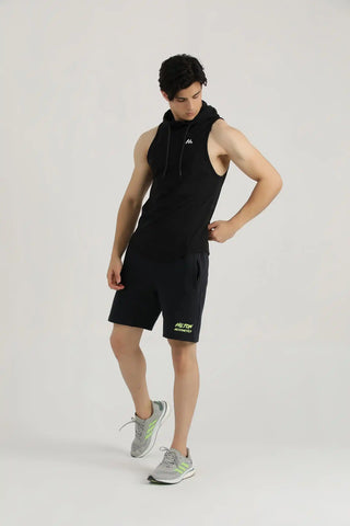 Model wearing Hilton Aesthetics Muscle Sleeveless Hoodie in black for gym workouts and fitness training