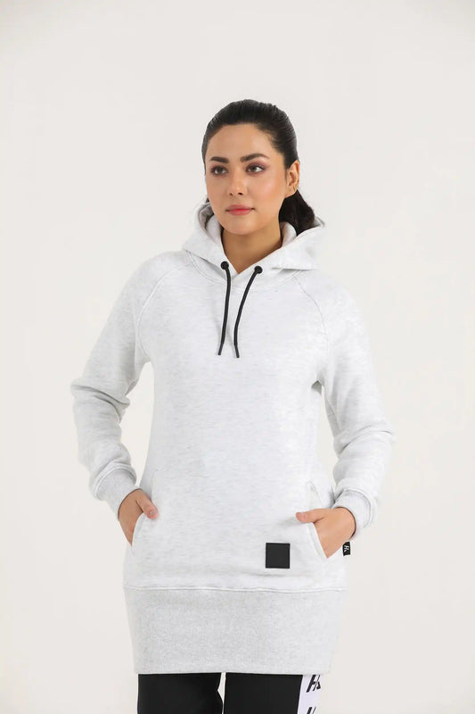 Woman wearing Hilton Aesthetics Oatmeal Longline Hoodie, front view