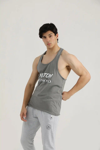 Men’s grey Power Stringer Tank Top with a relaxed athletic fit, angled view