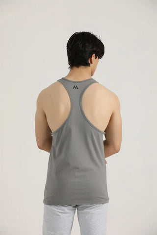Back view of men’s grey Hilton Aesthetics stringer tank top with racerback design
