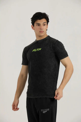Hilton Aesthetics Vintage Washed T-Shirt side view showing regular fit, soft washed fabric and short sleeves