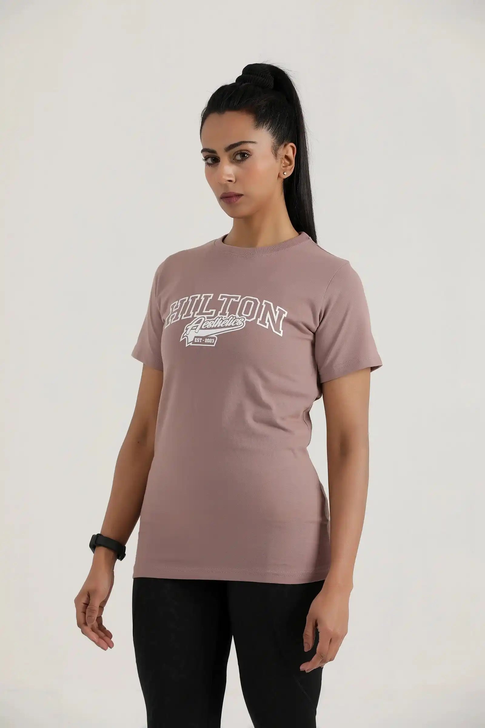 Hilton Aesthetics Women's Vital Tee in Rosy Brown, front view with lightweight breathable fabric and regular fit.