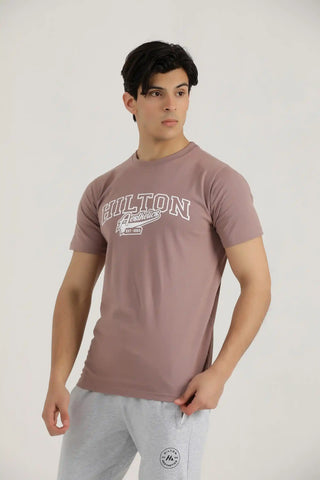 Men’s rosy brown Vital cotton T-shirt with printed chest logo, angled front view