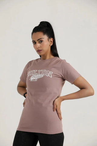 Side view of Hilton Aesthetics Women's Vital Tee in Rosy Brown featuring a comfortable athletic fit.