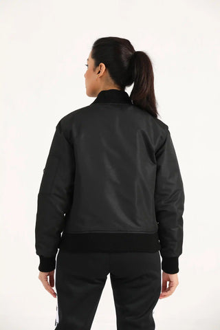 Hilton Aesthetics Women's Bomber Jacket back view in black with comfortable relaxed fit
