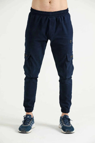 Men’s navy cargo joggers with adjustable drawcord waist, front view