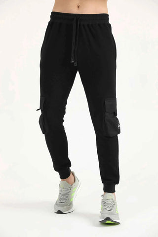 Black Crest Cargo Joggers with adjustable drawcord waist and tapered legs, front view