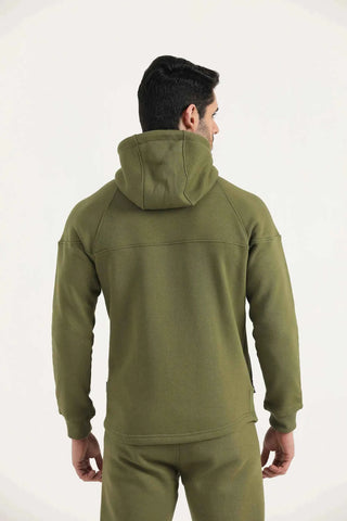Back view of men’s dark olive Hilton Aesthetics Flexx Zip-Up Hoodie