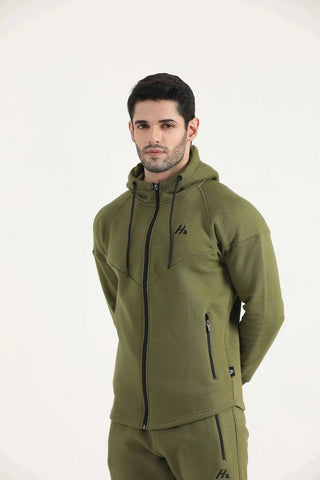 Man wearing dark olive Hilton Aesthetics Flexx Zip-Up Hoodie, front view