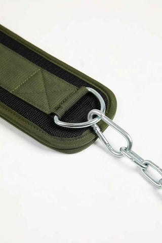 Hilton Aesthetics Weighted Dip Belt with steel chain and D-ring attachment, close-up