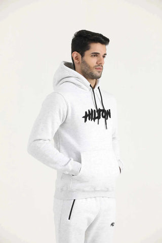 Oatmeal Patch Detail Activewear Hoodie with distressed chest patch, kangaroo pocket and banded cuffs