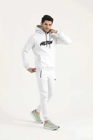 Oatmeal Patch Detail Activewear Hoodie with distressed chest patch, kangaroo pocket and banded cuffs