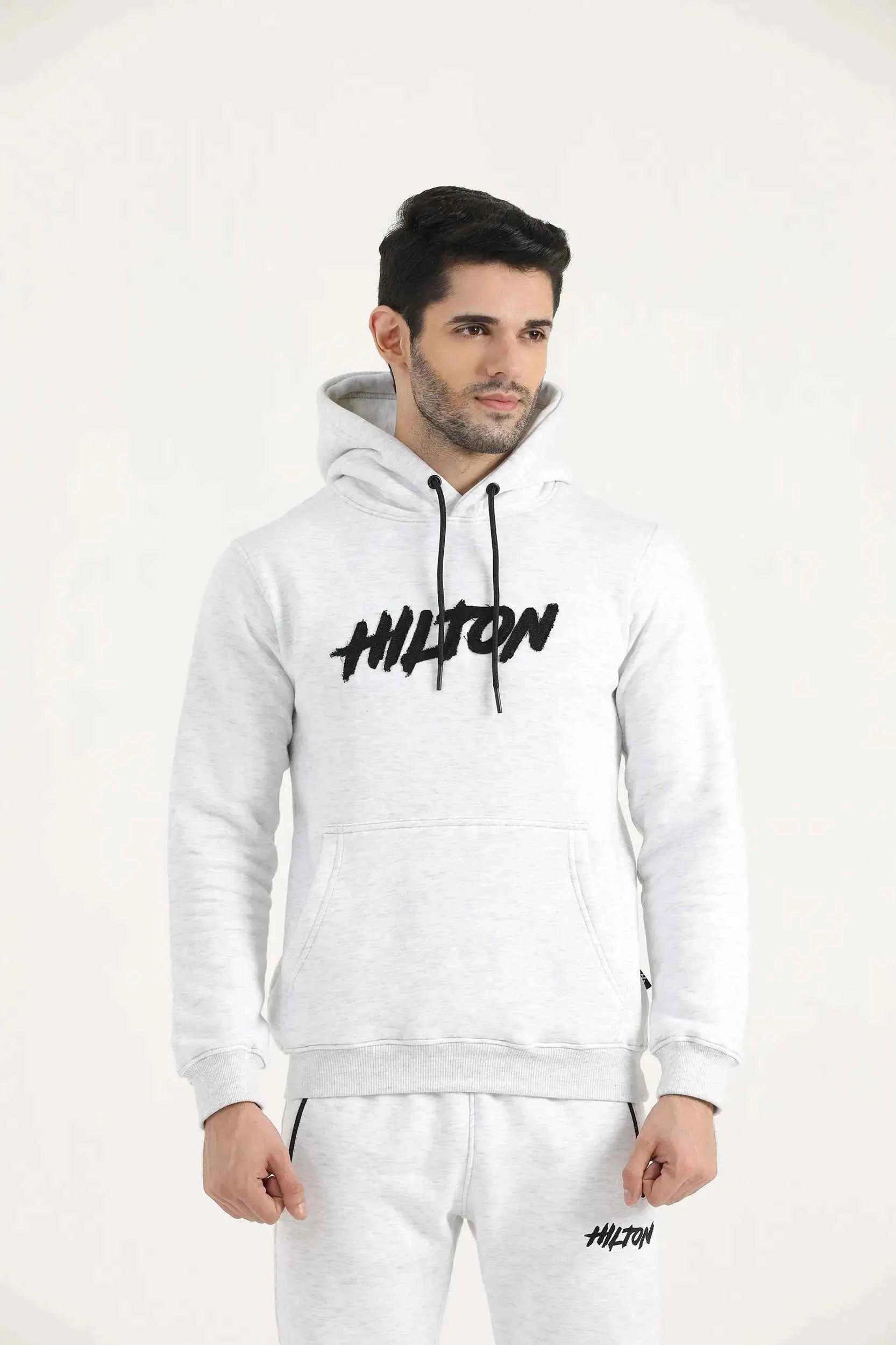 Oatmeal Patch Detail Activewear Hoodie with distressed chest patch, kangaroo pocket and banded cuffs