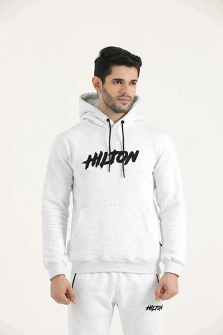 Oatmeal Patch Detail Activewear Hoodie with distressed chest patch, kangaroo pocket and banded cuffs
