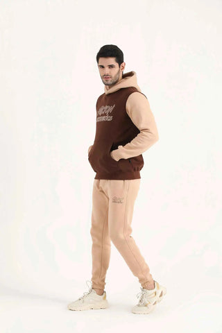 Model wearing Hilton Aesthetics Signature Two Tone Hoodie in brown for casual wear and everyday comfort